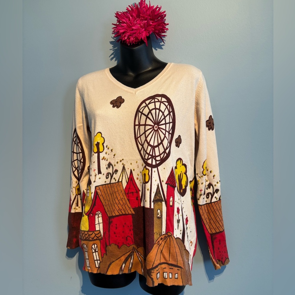 Ness Cream Scenic Print V-Neck Sweater size medium - Picture 3 of 10